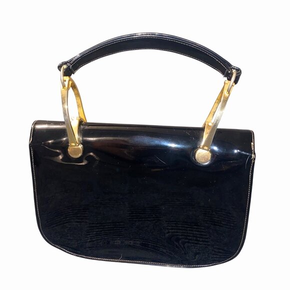 Vintage Black Patent Leather Handbag  Gold Tone Handle Hardware Classic USA - Picture 4 of 16